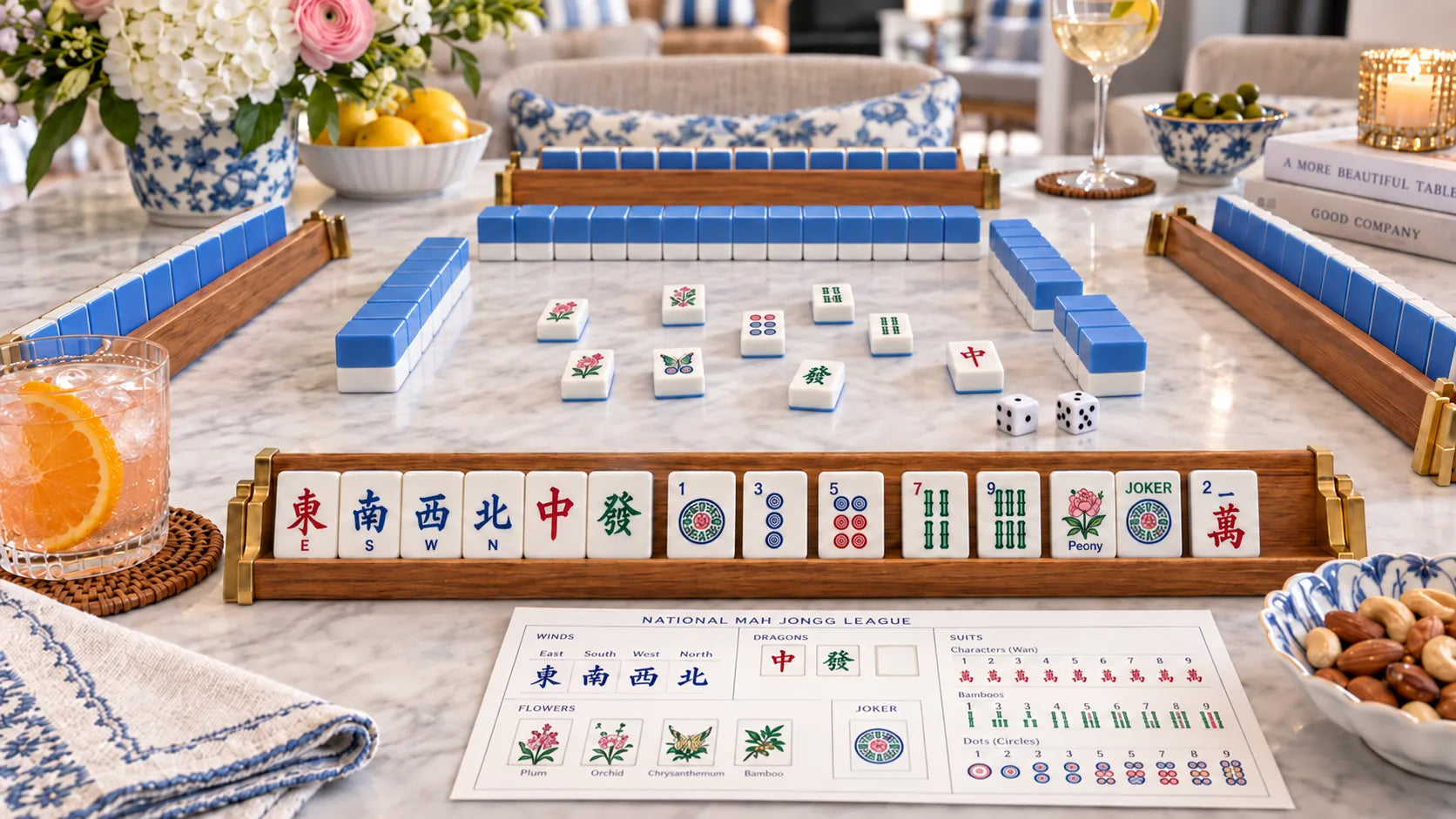 American Mahjong night setup with tiles racks mat and accessories for mixed skill levels