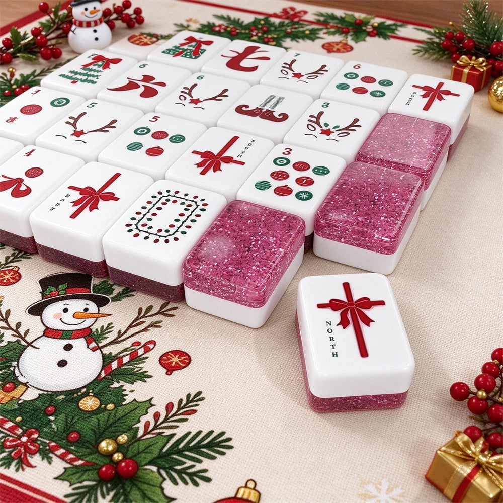 Festive American Mahjong tiles with red and green holiday designs