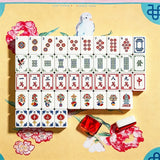 Complete red gemstone crane acrylic Mahjong tile set displayed on a pink background