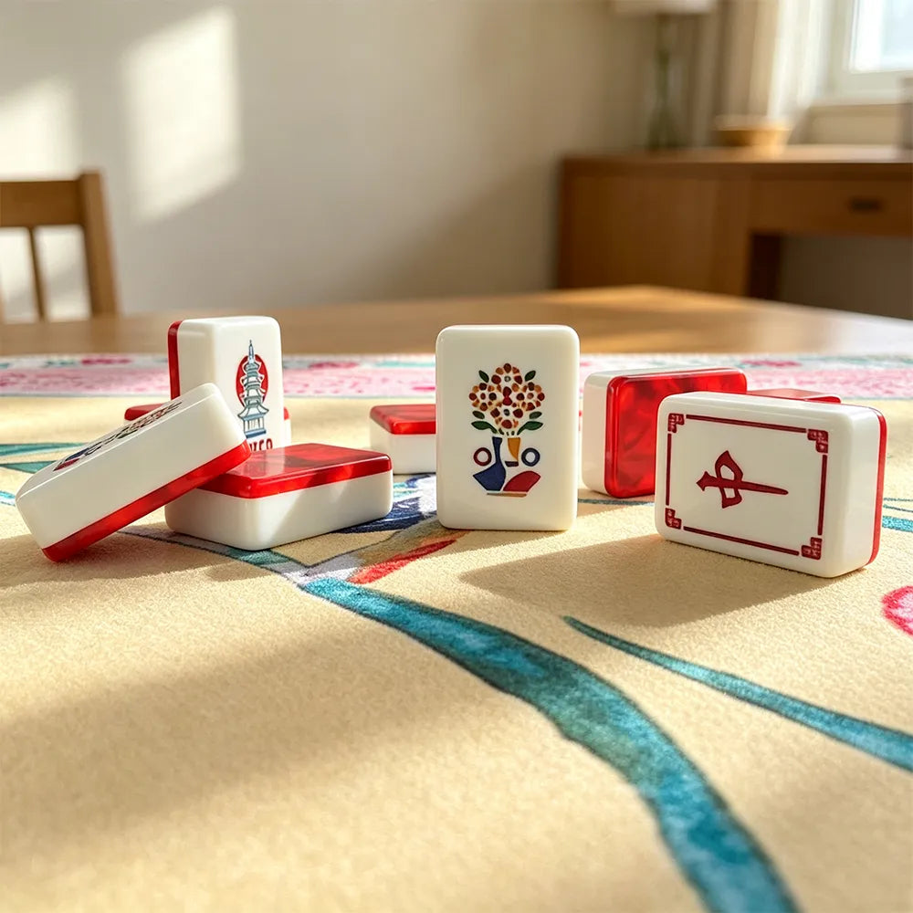 Red gemstone crane acrylic Mahjong tiles displayed upright on a tabletop