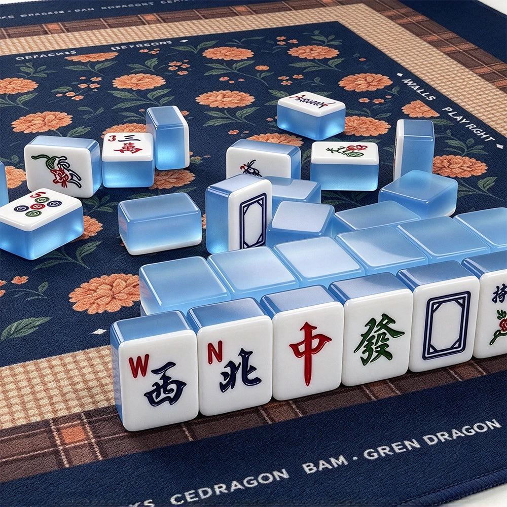Blue American Mahjong set with matching racks and accessories