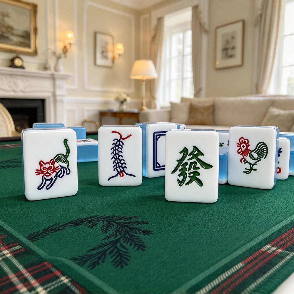 American Mahjong set with green accessories for game night