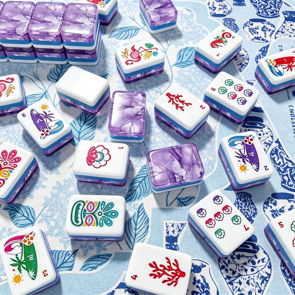 Mahjong Tiles and Game Pieces on Patterned Background