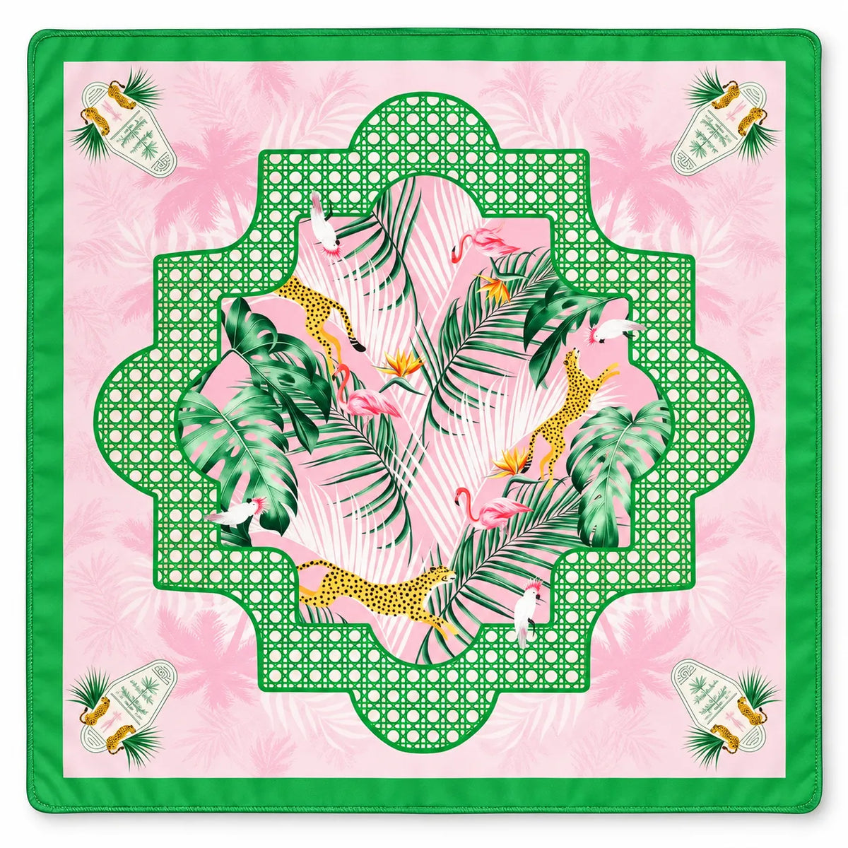 Tropical Flamingo Mahjong mat with pink and green jungle design