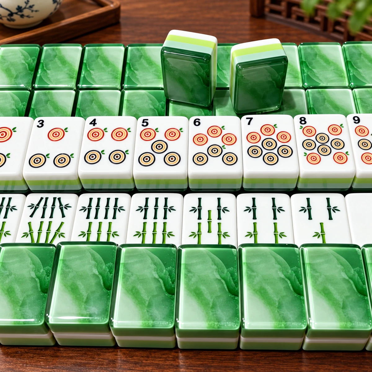 Stacked jade green acrylic mahjong tiles with a row of tiles and a tea set on a tea table