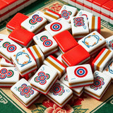 Red acrylic Mahjong tiles with striped edges and colourful designs