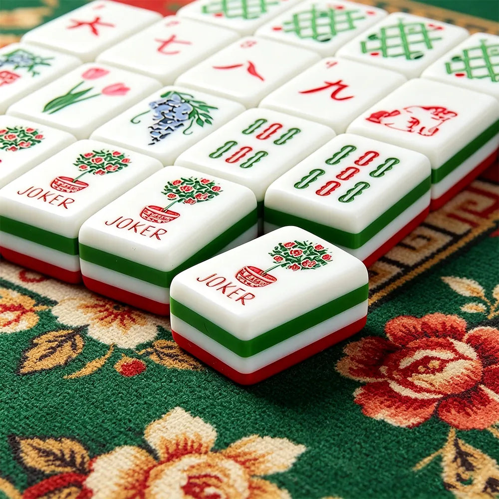 White Mahjong tiles with colourful traditional designs on a red and green game table