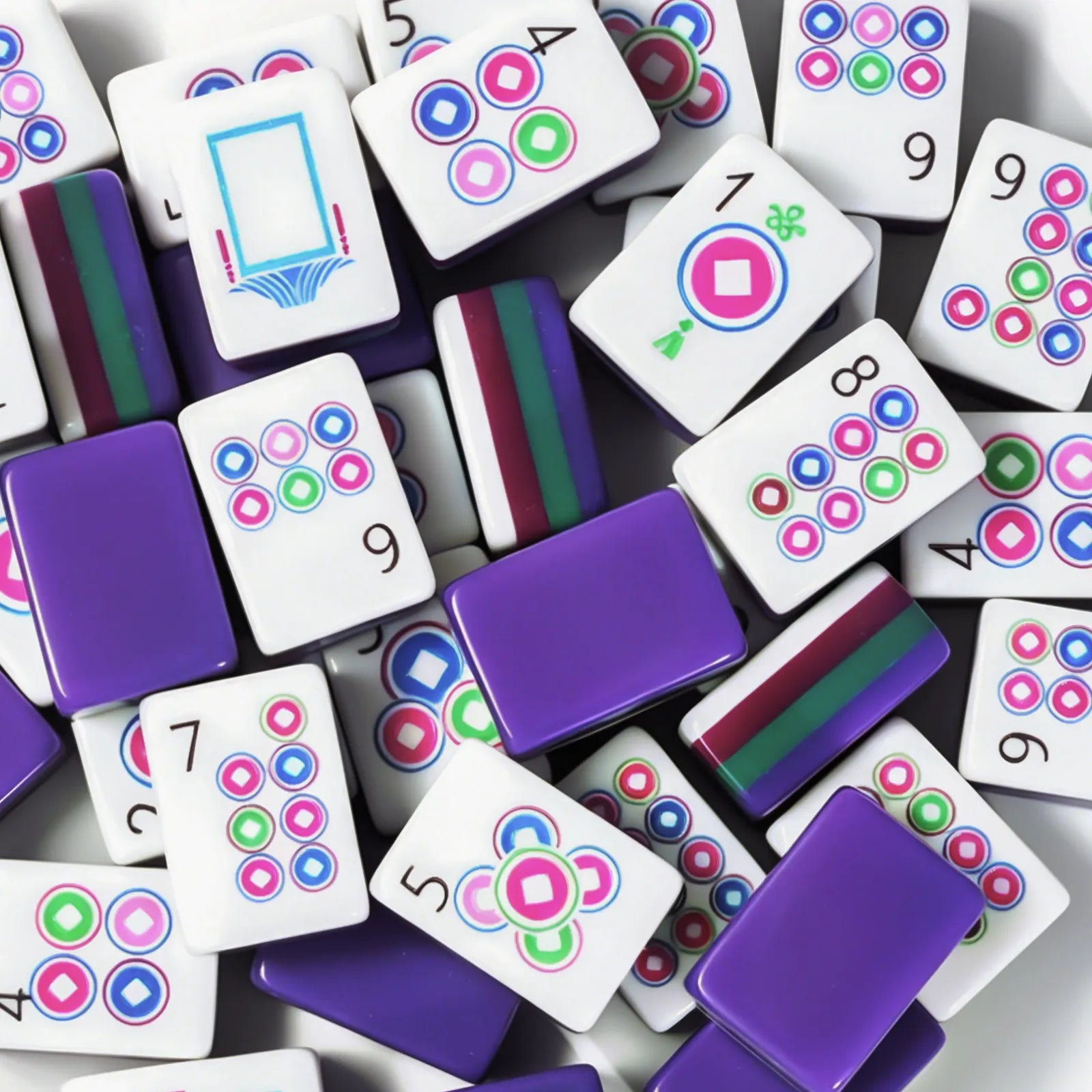 Purple acrylic Mahjong set with white tiles and colourful patterns