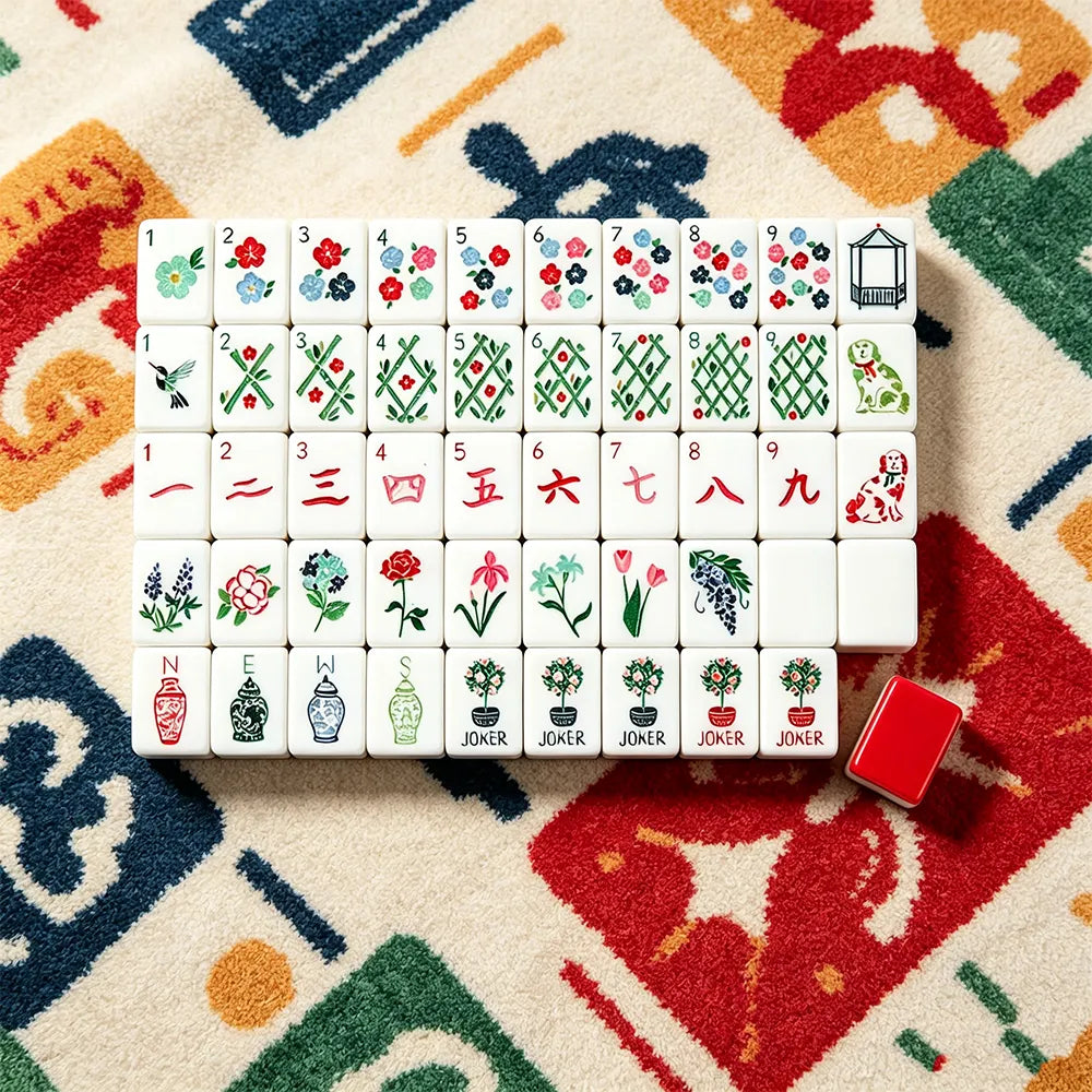 Full Mahjong set arranged in rows on a colourful game table