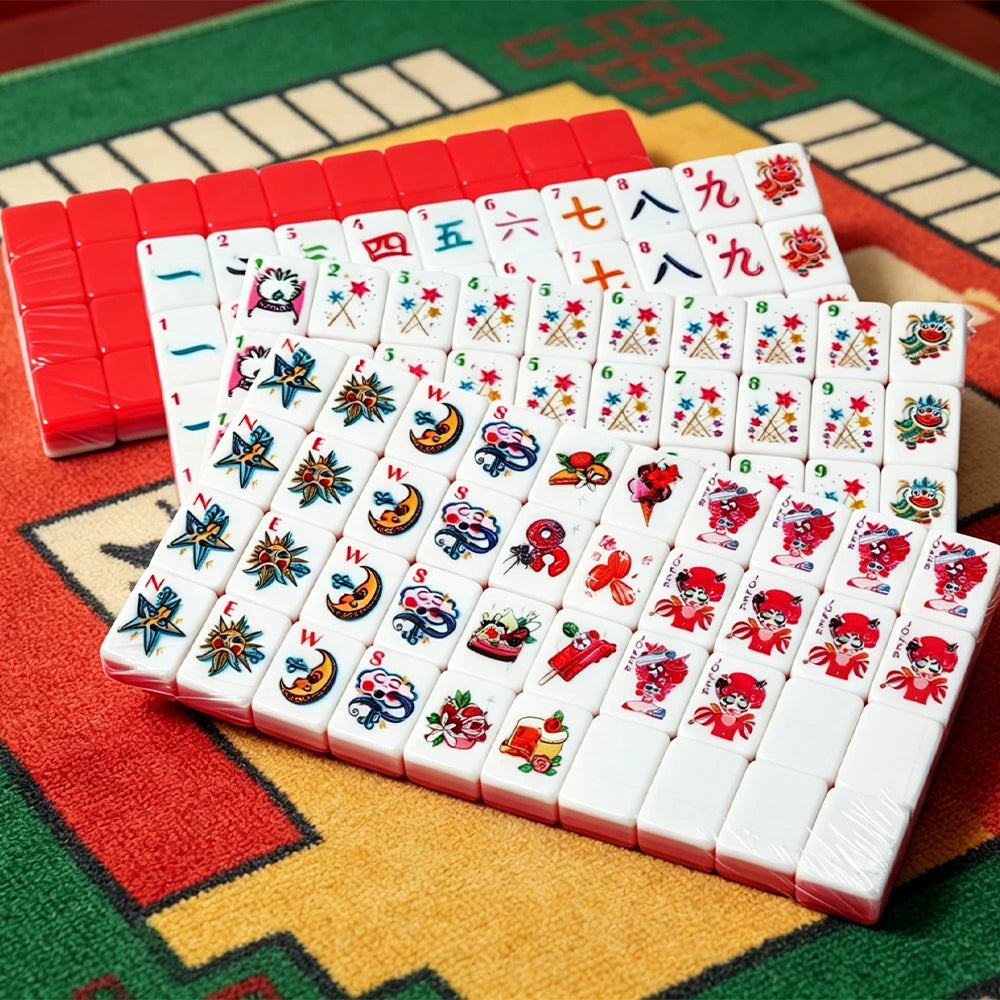 Red acrylic Mahjong set arranged in rows on a green game table