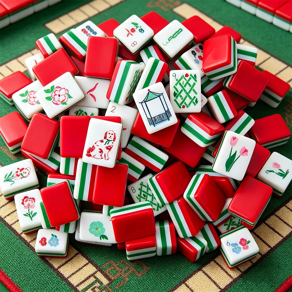 Red acrylic Mahjong tiles scattered across a green game table