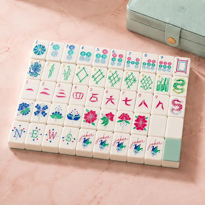 Pastel Mahjong set arranged neatly with colourful tile designs