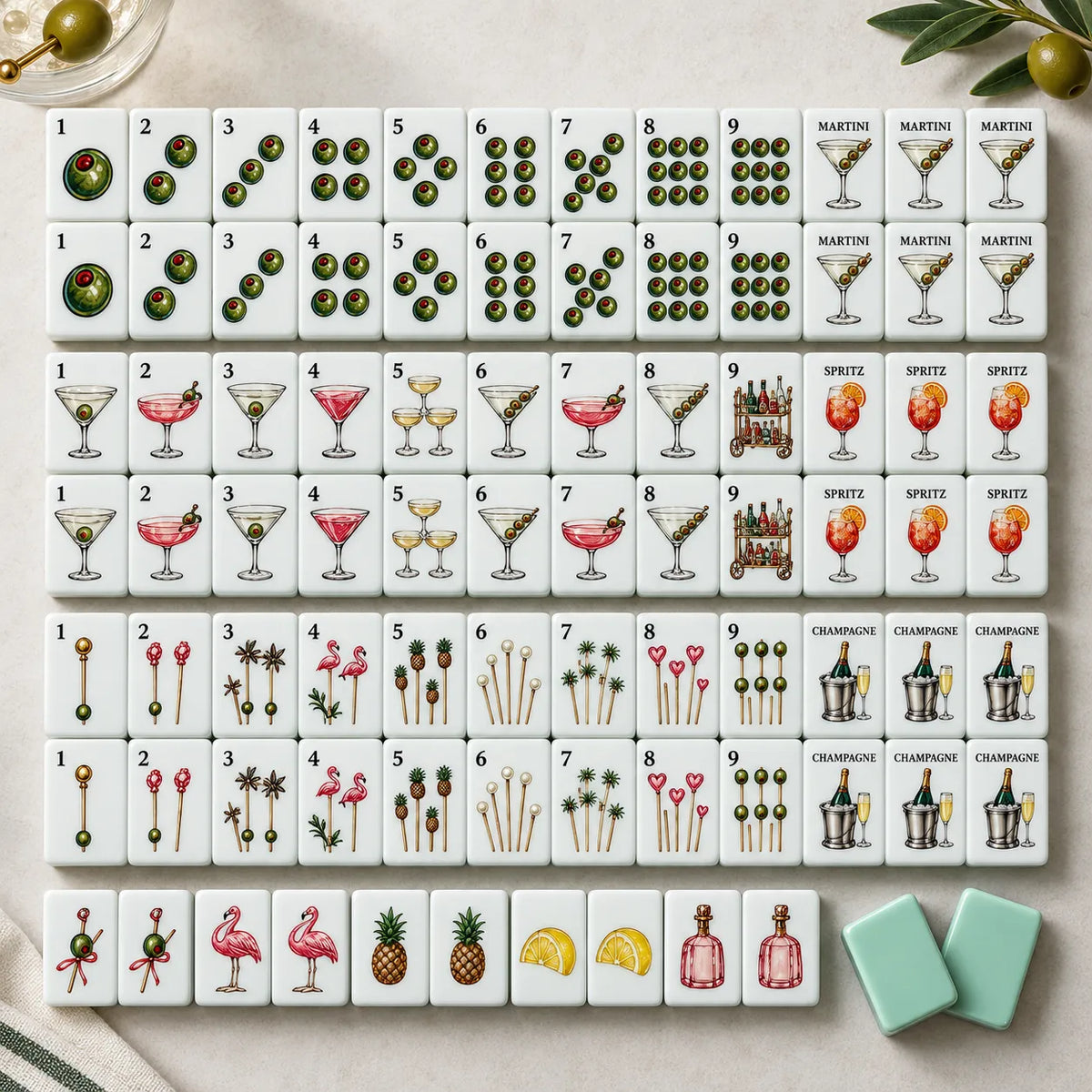 Rows of American mahjong tiles with illustrated artwork on a pale green background