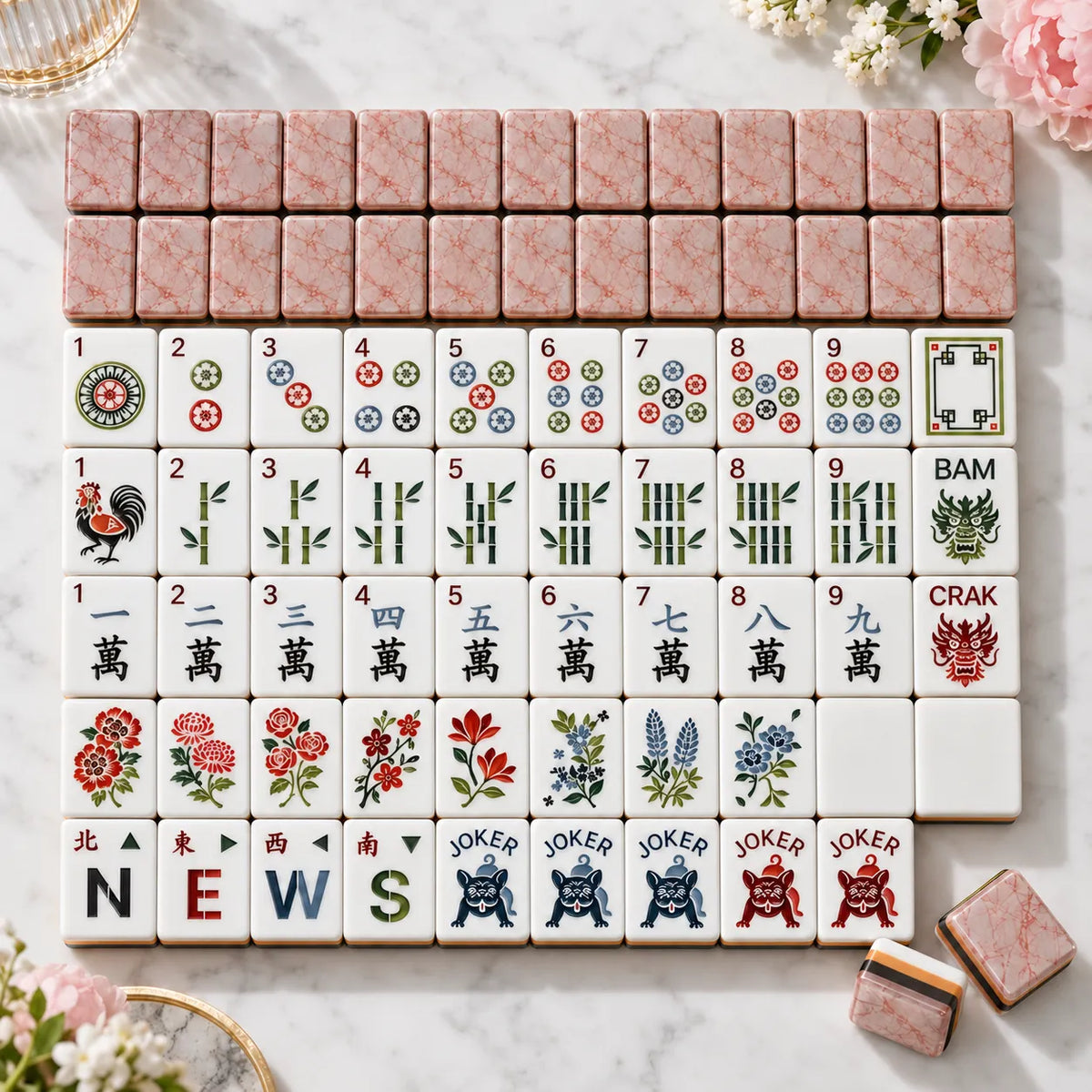 Rows of American mahjong tiles with pink and white artwork arranged on a table