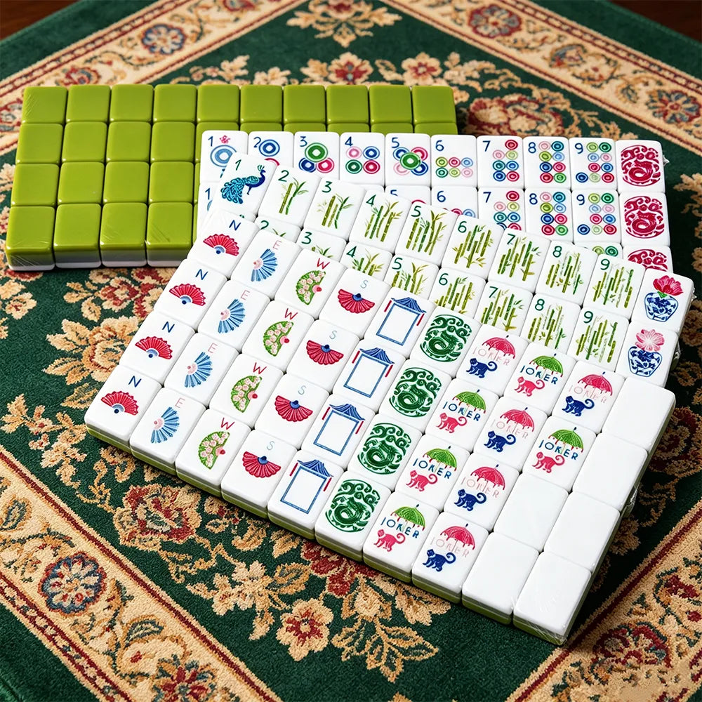 Apple green acrylic Mahjong set with colourful tile designs