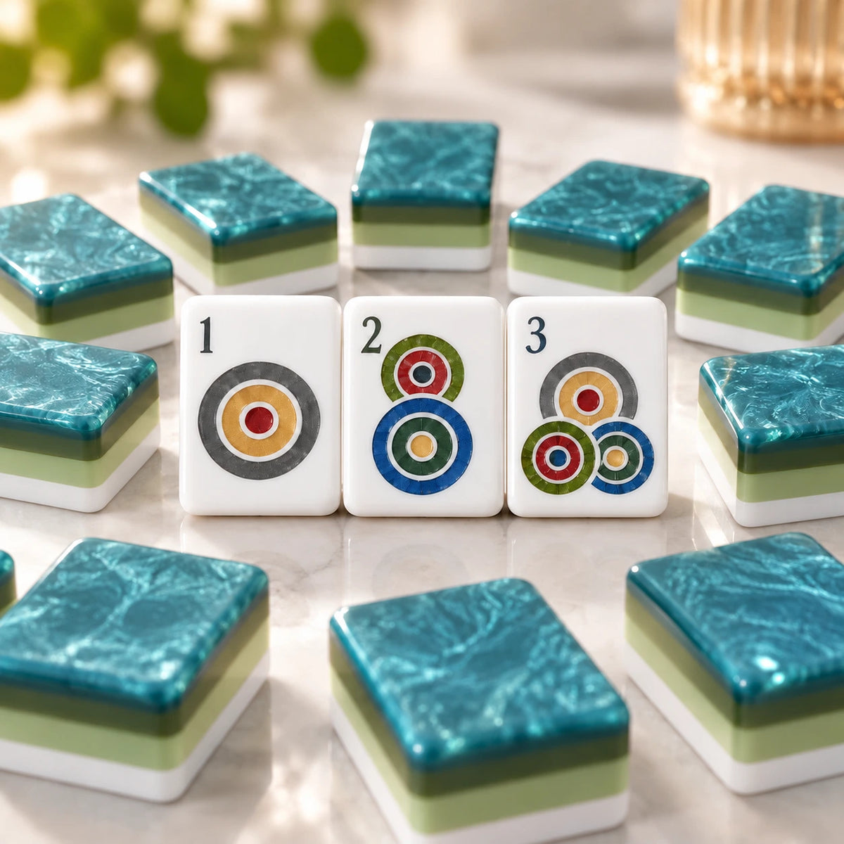 Olive green marble mahjong set in four-layer acrylic, dot tiles 1 to 3 surrounded by green layered tile backs
