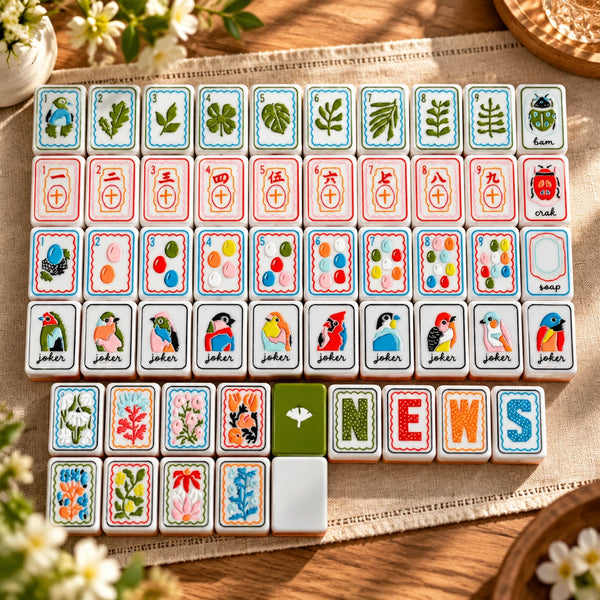 American Mahjong tiles in colorful designs displayed on matching racks