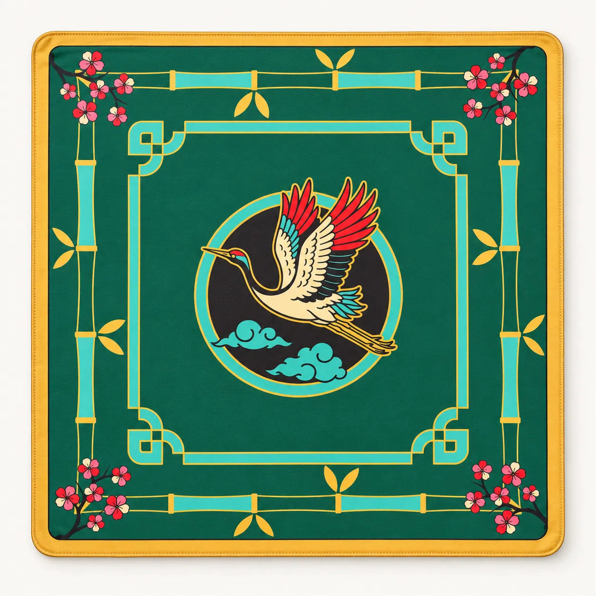 Bamboo Crane Mahjong mat with green and gold oriental design