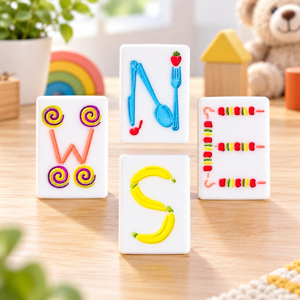 North East West South wind tiles with colourful food-inspired letter artwork displayed in a column