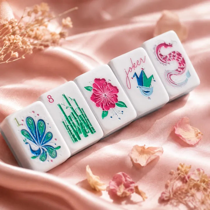 Pastel Mahjong tiles with colourful symbols held in hands