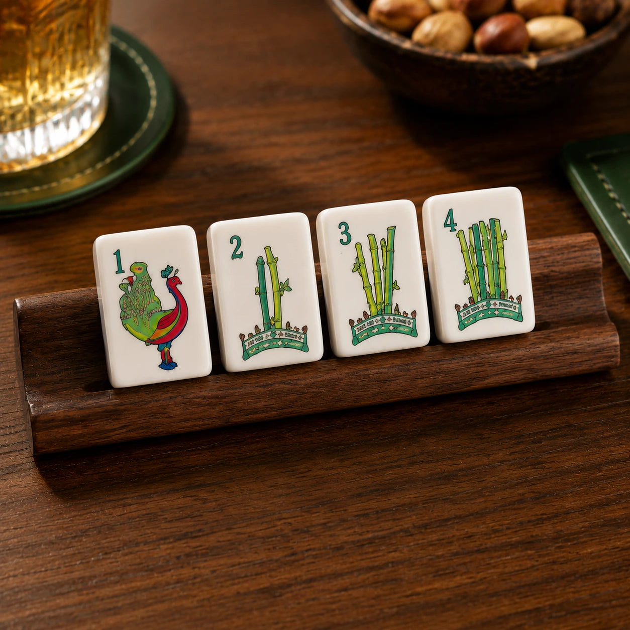 Mahjong tiles arranged upright on wooden stands