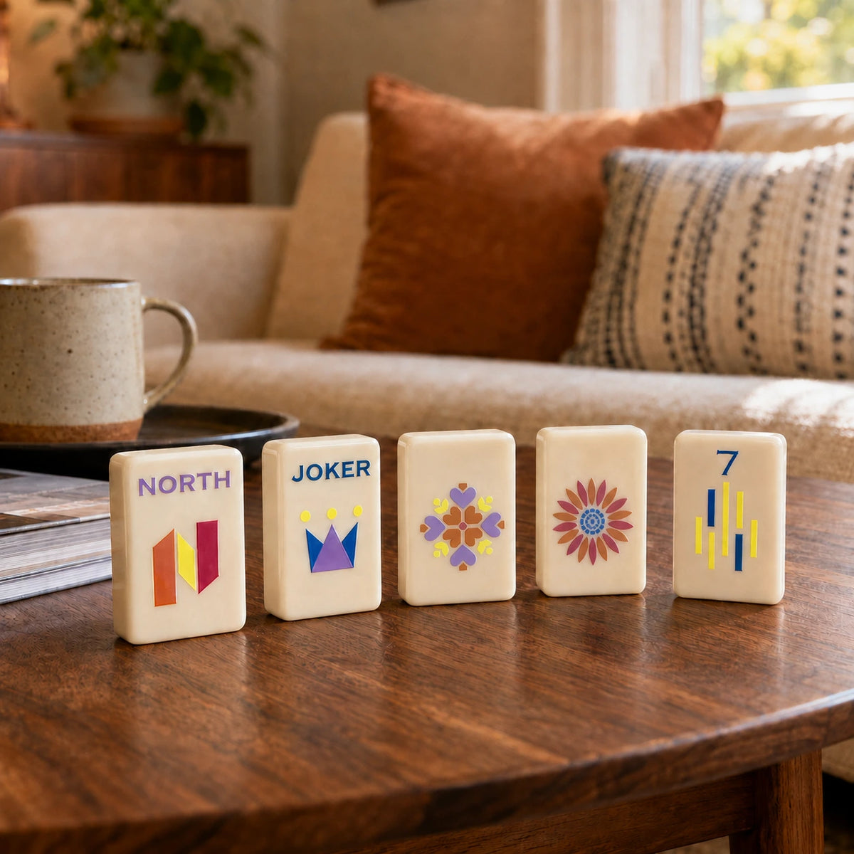 Mahjong tiles displayed upright on wooden stands in a home setting