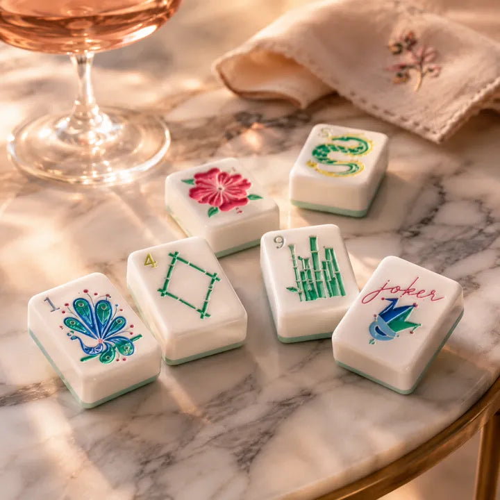 Pastel Mahjong tiles scattered across a soft neutral background