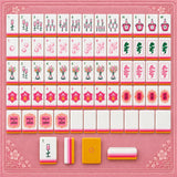 Rows of American mahjong tiles with red and pink artwork on a pink background