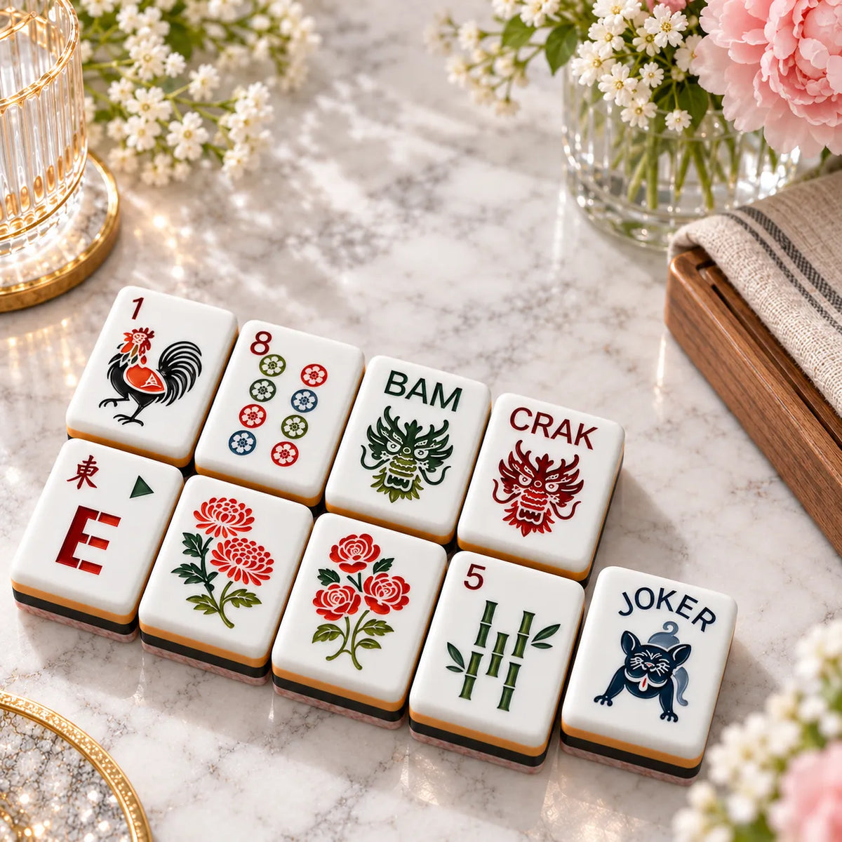 American mahjong tiles with pink accents and illustrated designs styled on a light surface
