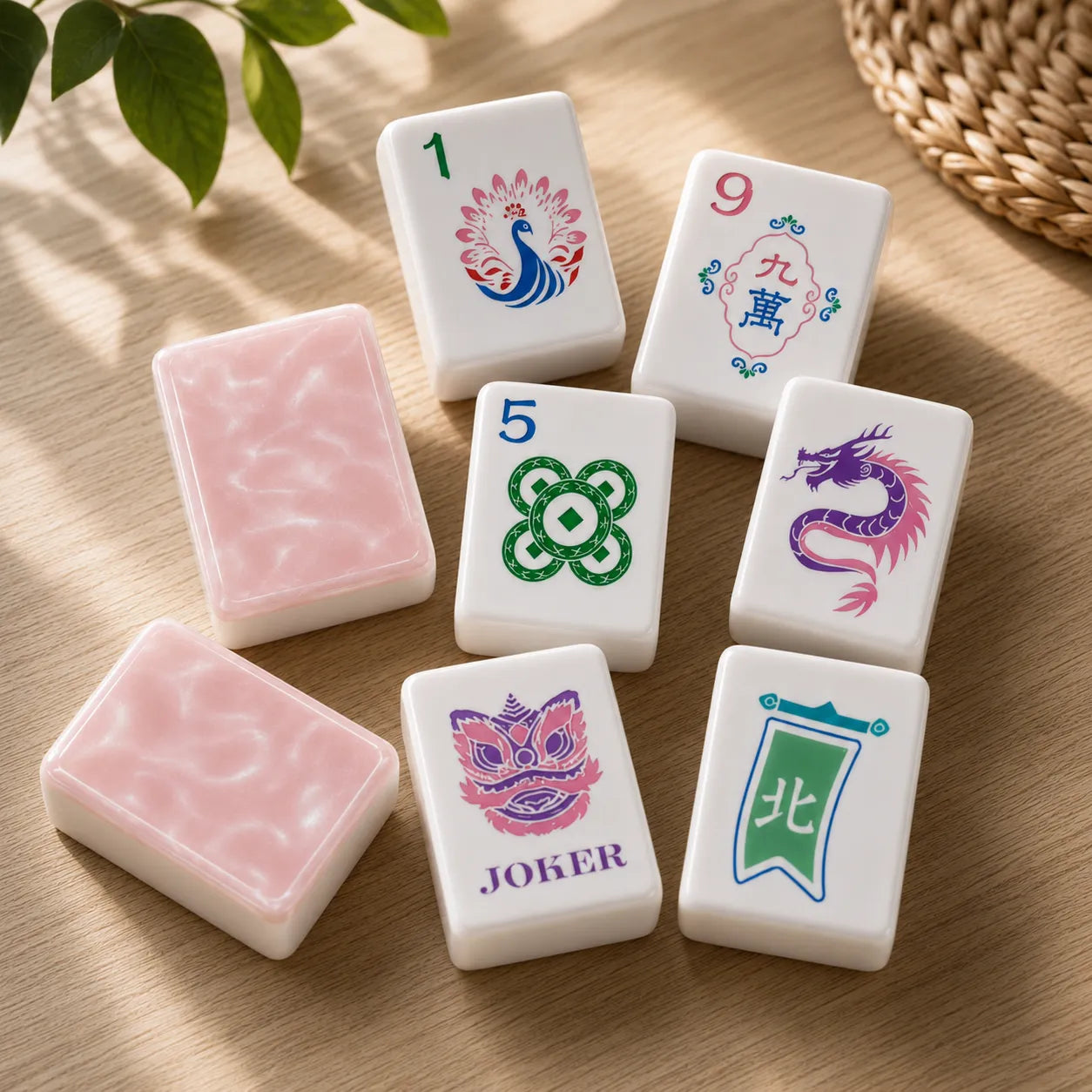 Scattered colorful Mahjong tiles with pink marble backs, peacock, and dragon designs