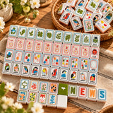 American Mahjong set with colorful floral tiles arranged on wooden racks