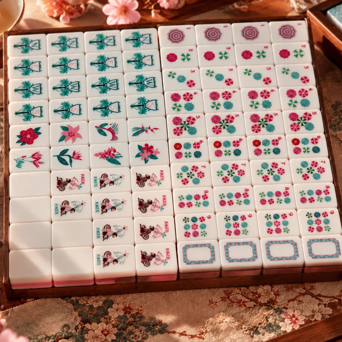 Full American mahjong set with floral, wind, dragon and umbrella dot tiles arranged in a wooden tray