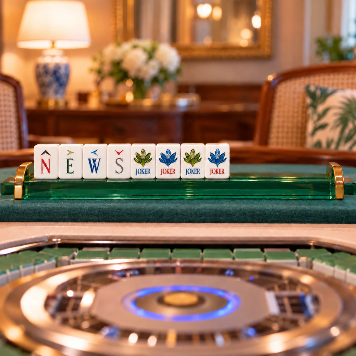 North East West South wind tiles and joker tiles lined up on a green acrylic rack with gold handles