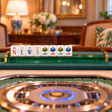 North East West South wind tiles and joker tiles lined up on a green acrylic rack with gold handles