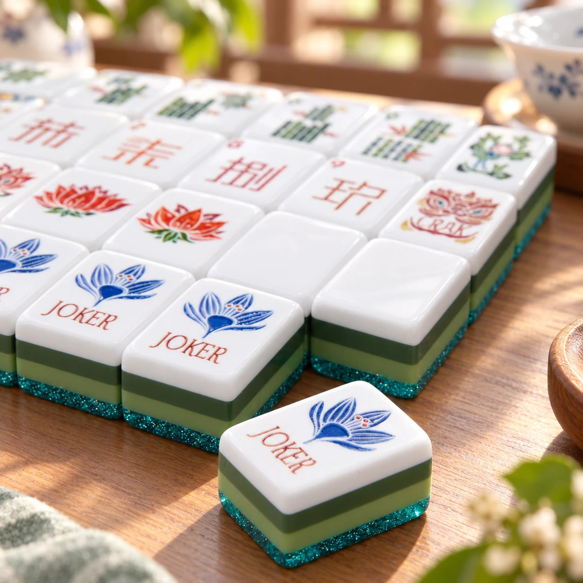 Close-up of blue joker mahjong tiles showing white, dark green, light green and teal glitter acrylic layers