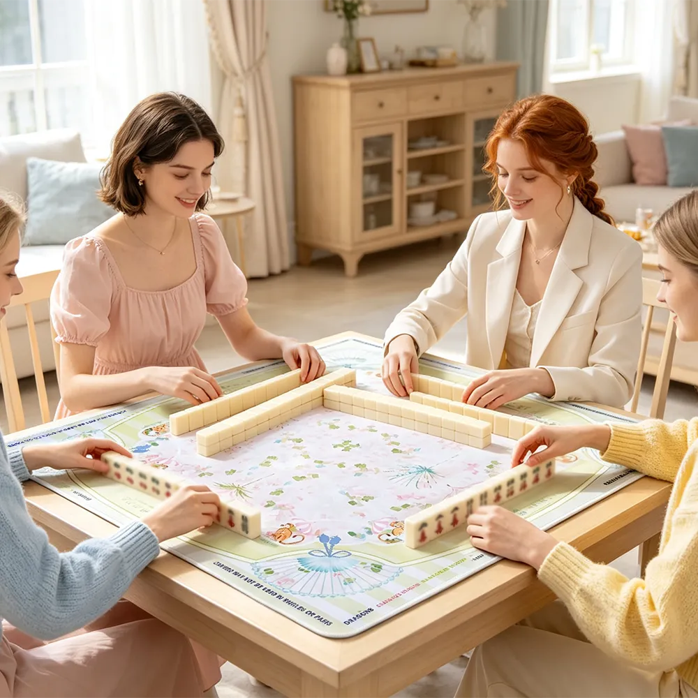 Friends playing Mahjong together at a table