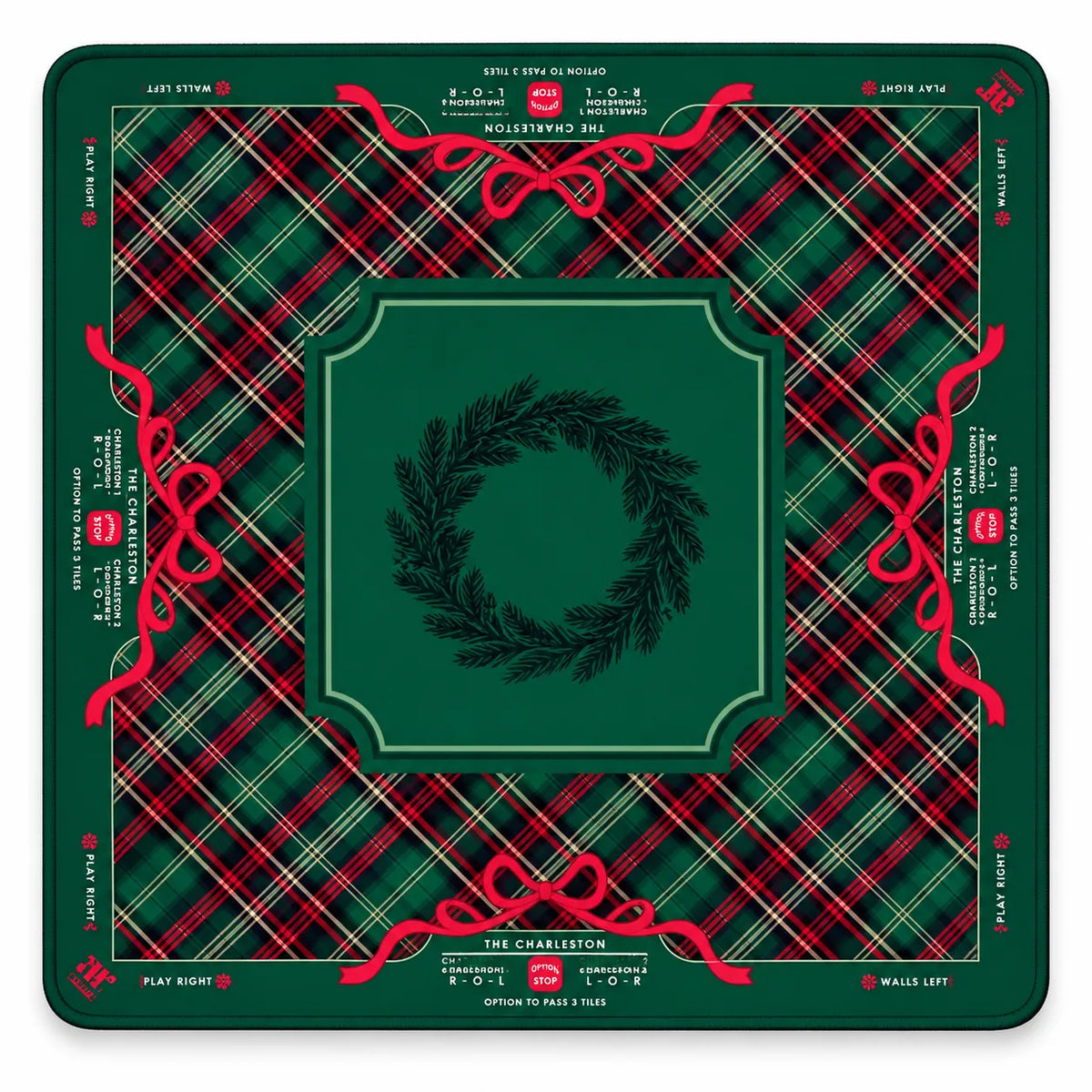 Christmas plaid Mahjong mat with green wreath and red ribbon design