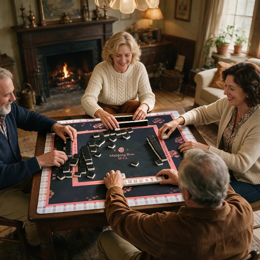 Friends playing Mahjong together at a table