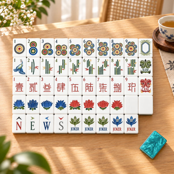 Full set of American mahjong tiles including dots, bams, craks, flowers, winds and jokers laid out on a wooden table