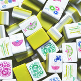 Apple green acrylic Mahjong tiles with colourful modern patterns
