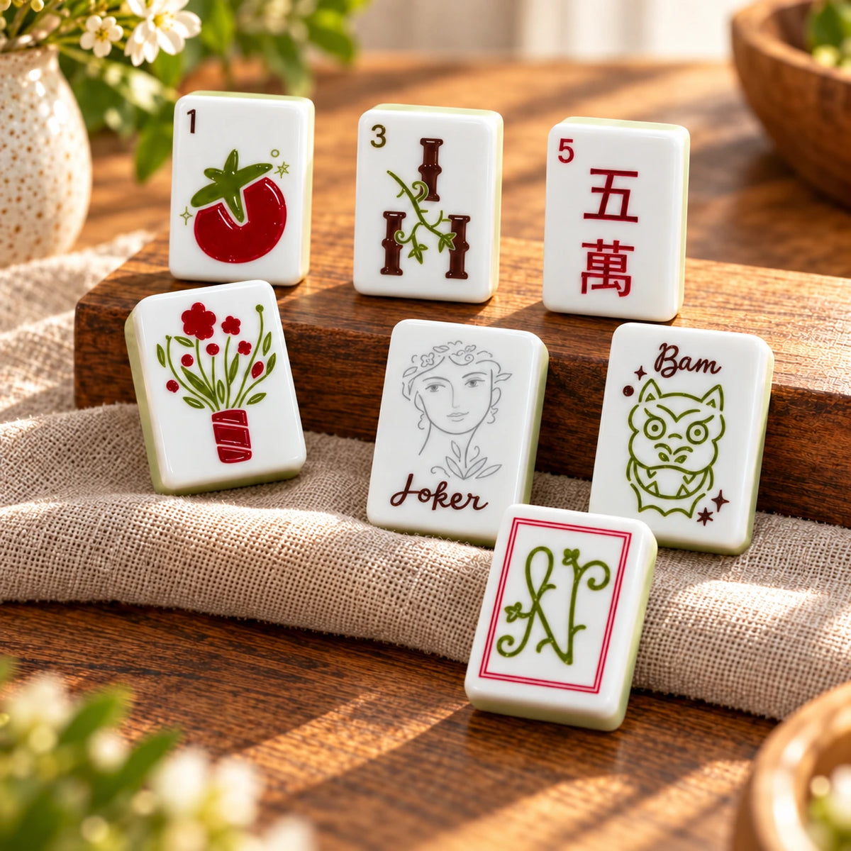 American Mahjong tiles with floral and illustrated designs on a wooden table