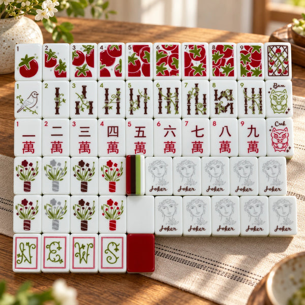 American Mahjong tiles arranged neatly on a rack for tabletop play