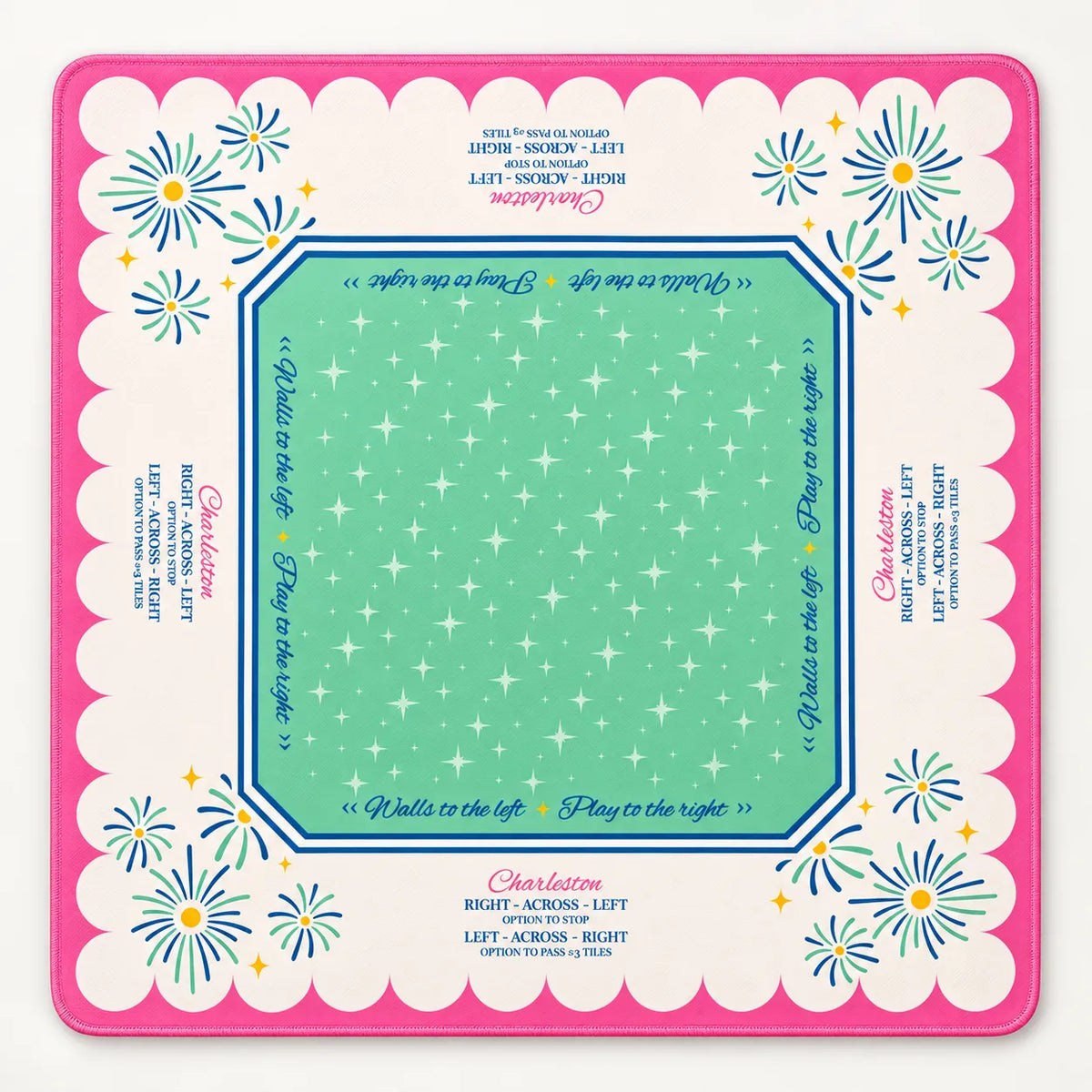 Pastel Fireworks Mahjong mat with pink and mint green design