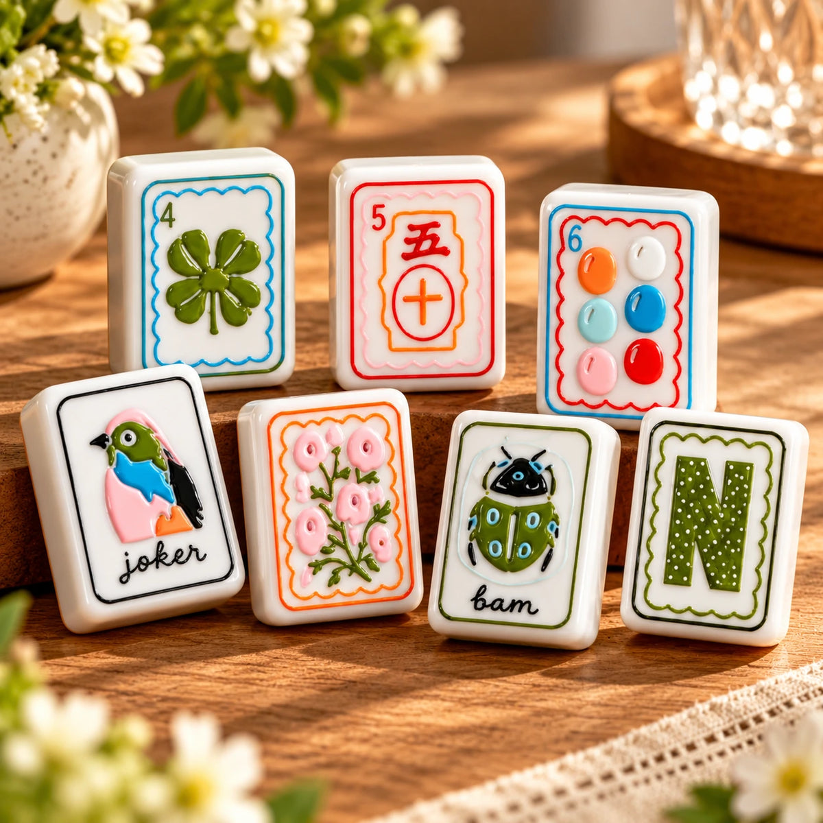 American Mahjong tiles in warm-toned decorative designs for game night