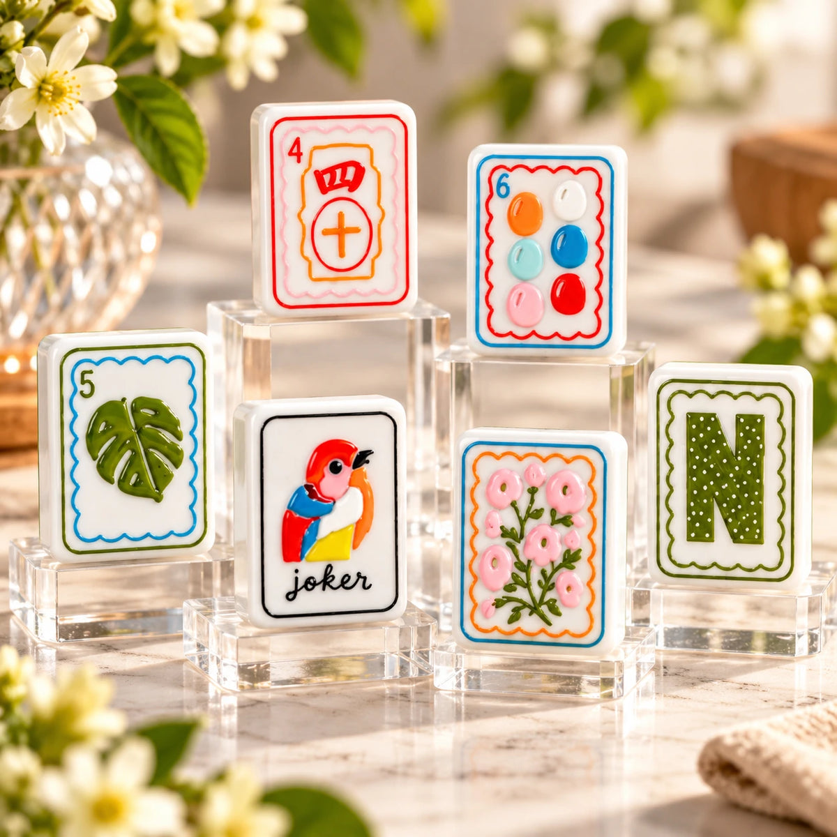 Decorative American Mahjong tiles with floral and modern artwork