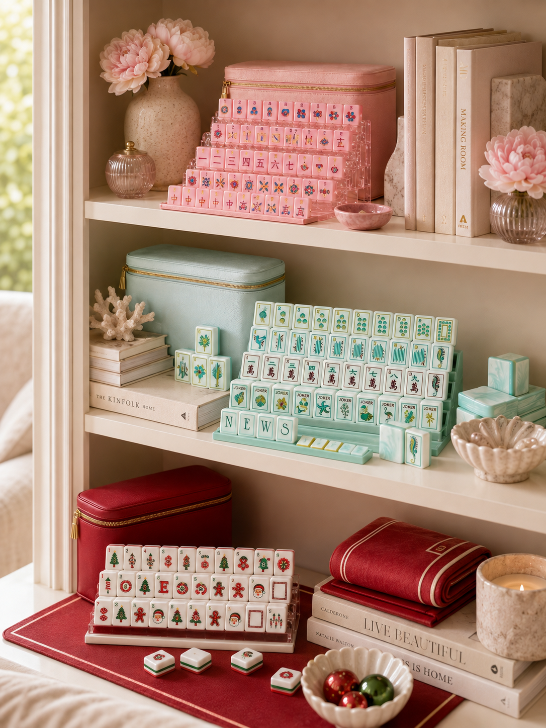 Collection of pink DRAQLEN mahjong sets and matching accessories displayed on a shelf