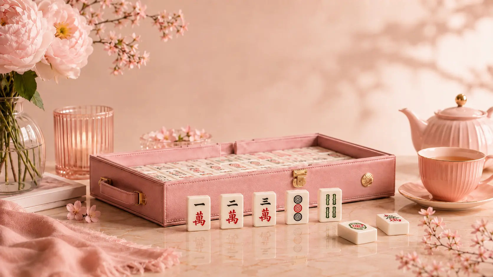 Luxury pink mahjong tile set with elegant tea table setting and premium storage case