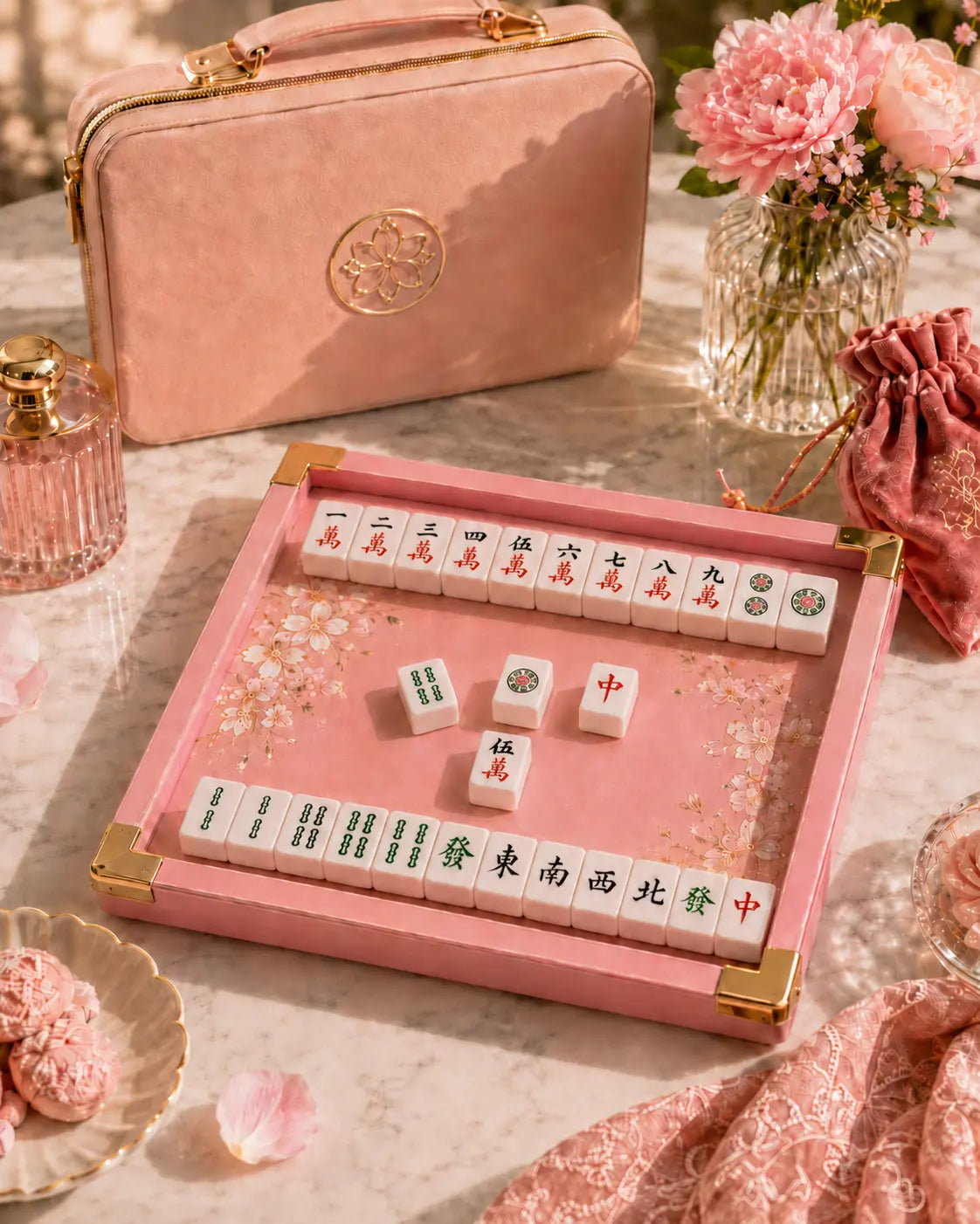 Luxury pink mahjong tile set with floral design and elegant tabletop display