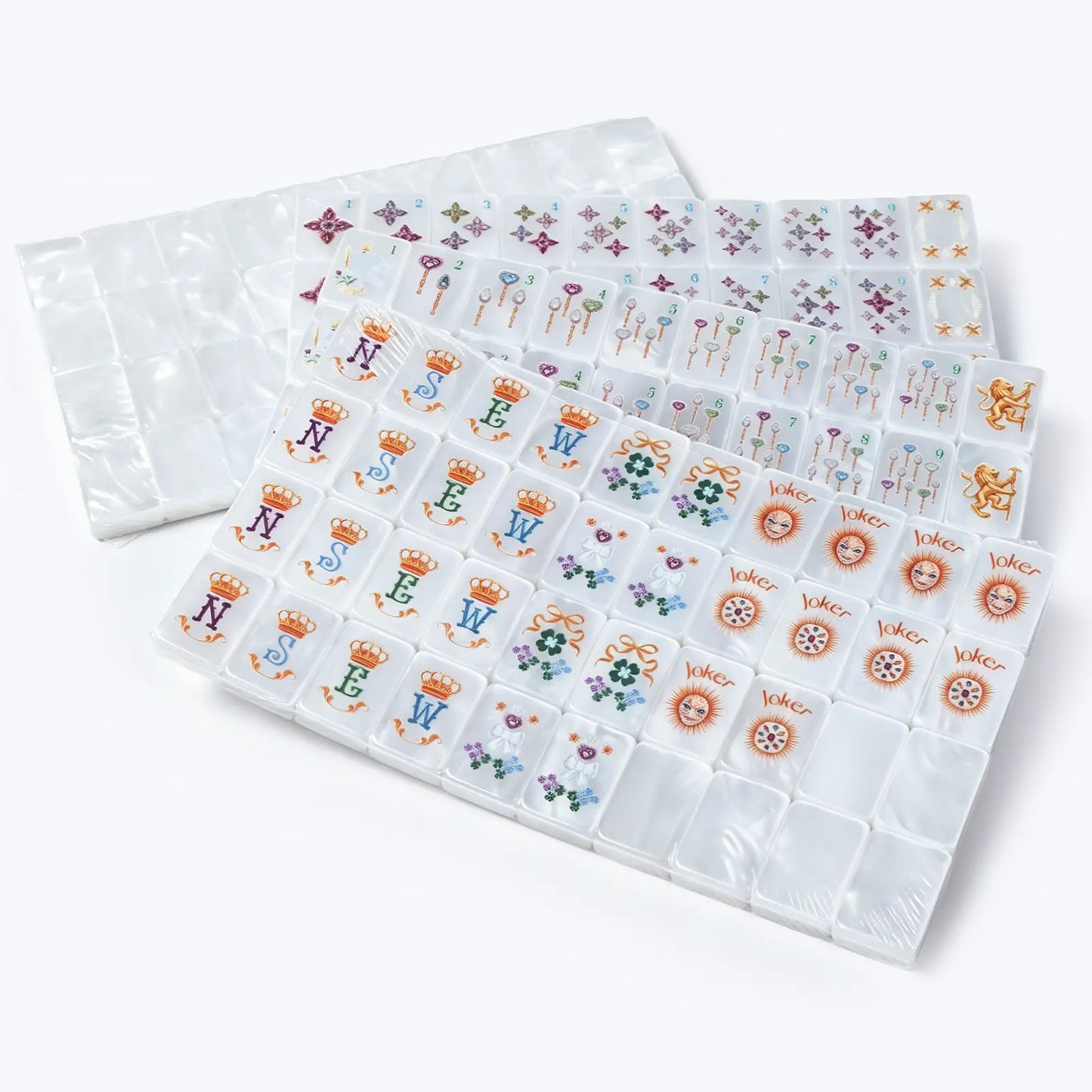 Mother-of-pearl mahjong tile set with glossy pearl finish, colourful artwork and complete tile collection displayed on a white background