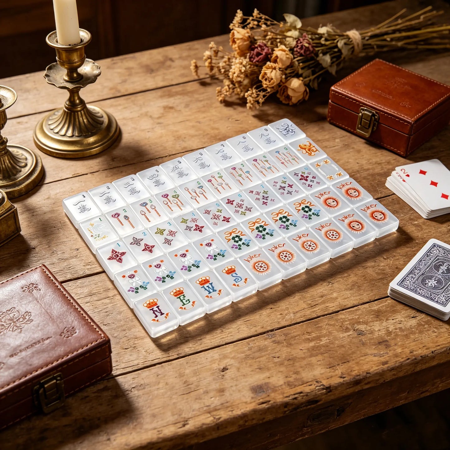 Mother-of-pearl mahjong tile set with elegant colourful artwork displayed on a premium wooden game table